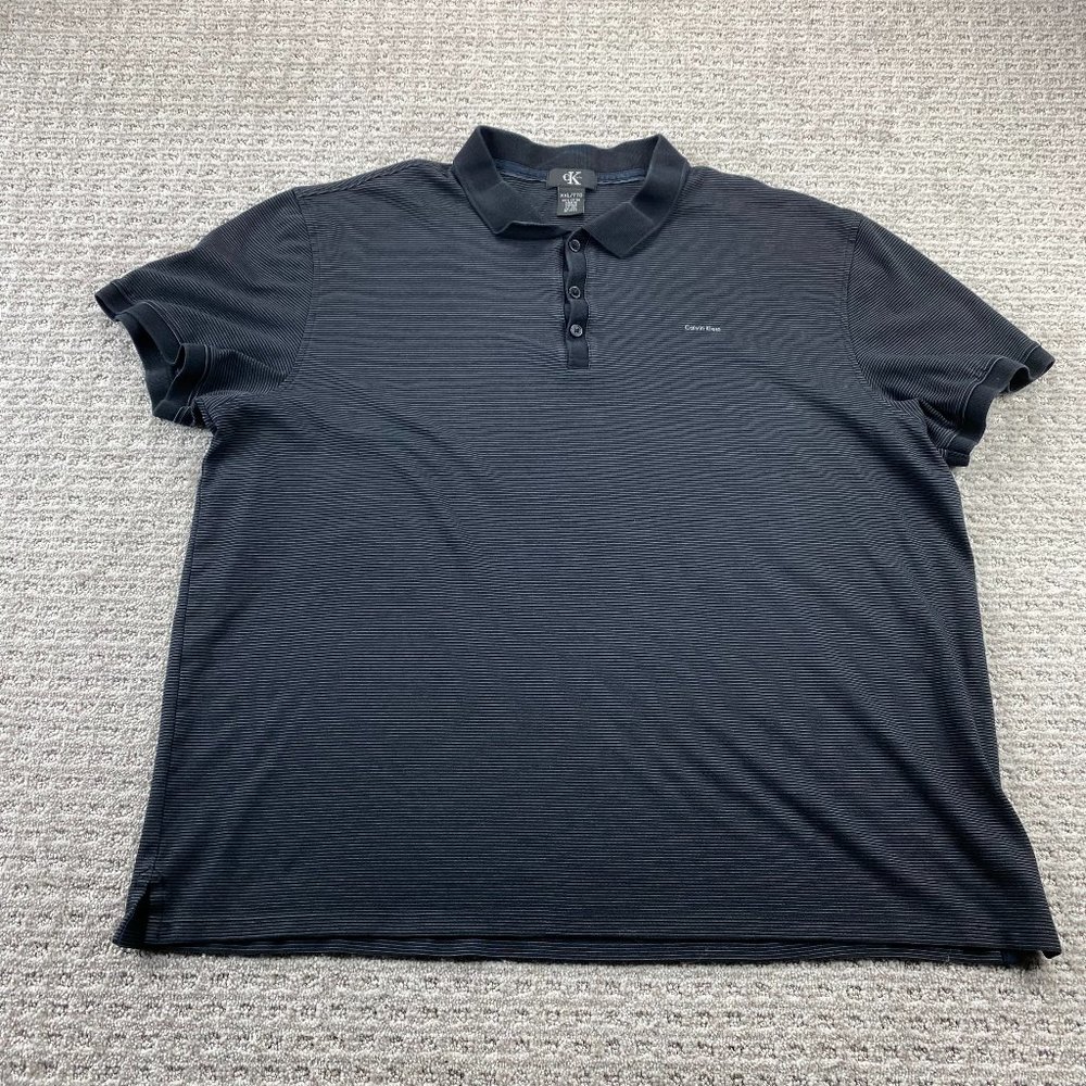 CK Calvin Klein Polo Shirt Men XXL Black Gray Striped Spell Out Chest Logo Golf